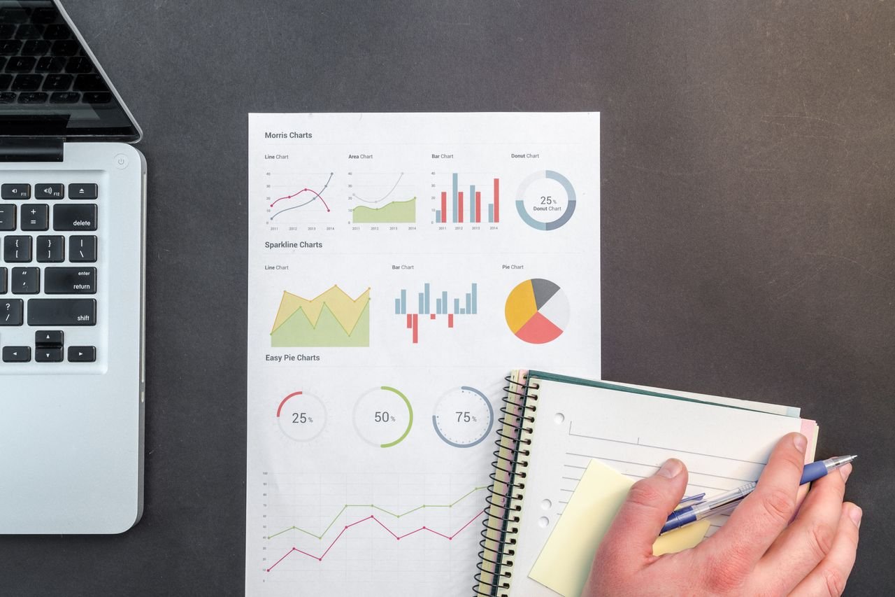 Laptop and a printed page of sample charts with a hand holding a pen
